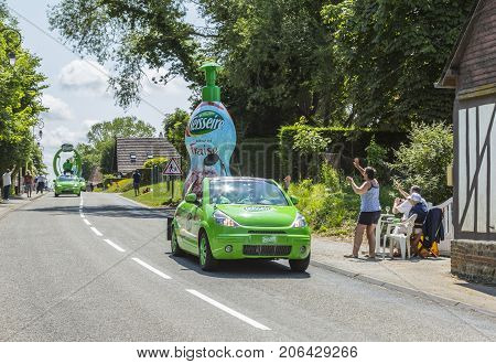 Sainte Marguerite sur Mer France - July 09 2015: Teisseire Caravan during the passing of Publicity Caravan before the stage 6 of Le Tour de France 2015 on 09 July 2015. Teisseire produces fruit juices and syrups for the food service industry.