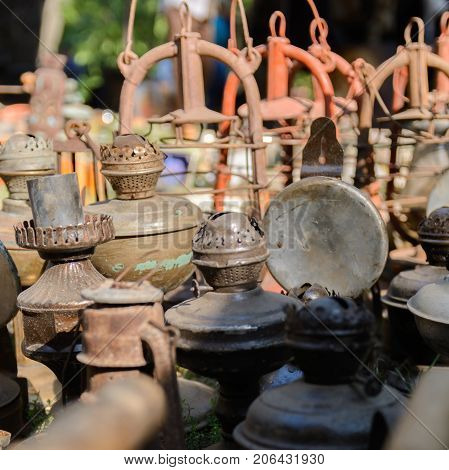 Dnipro, UKRAINE - September 2017: Flea market in Dnipro. Old vintage stuff for sale. Different used products: gas lamps, home utensils for sale on secondhand market in Dnipro, Ukraine.