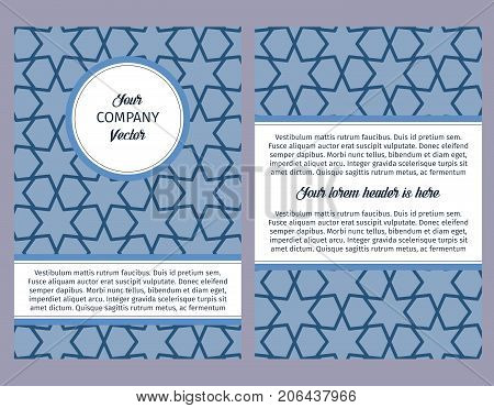Brouchure design template for company with blue geometric pattern with linear elements, vector illustration