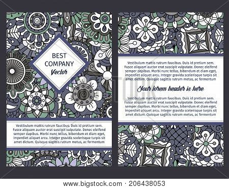 Brouchure design template for company with floral seamless decorative ornamental design pattern, vector illustration