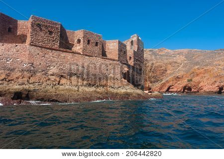 Fort of Sao Joao Baptista in Berlenga island, Portugal, view from the sea.