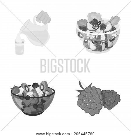 Fruit, vegetable salad and other types of food. Food set collection icons in monochrome style vector symbol stock illustration .
