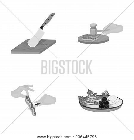 Cutlass on a cutting board, hammer for chops, cooking bacon, eating fish and vegetables. Eating and cooking set collection icons in monochrome style vector symbol stock illustration .