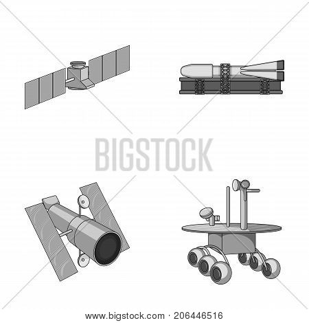 The space station in orbit, the preparation of the launch rocket, the lunar rover on the surface. Space technology set collection icons in monochrome style vector symbol stock illustration .