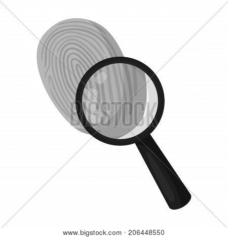 Investigation by fingerprint magnifier, crime. Loupe is a detective tool, single icon in monochrome style vector symbol stock illustration .