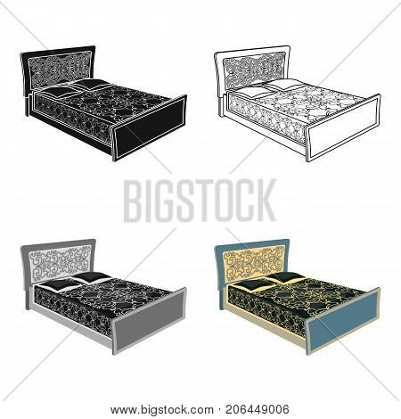 Blue family bed.Bed with black painted covers and pillows.Bed single icon in cartoon style vector symbol stock web illustration.