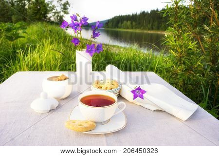 Cup of tea and cookies in small wicker basket with blue bell flowers in vase. Summer outdoors tea time concept.