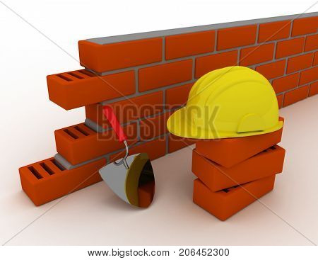 Trowel And Bricks Wall . 3D Rendered Illustration