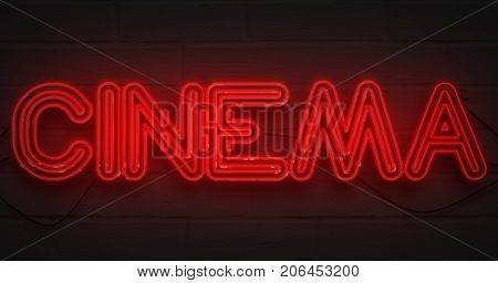3D rendering flickering blinking red neon sign on dark brick background cinema movie film entertainment sign concept