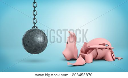 3d rendering of a resting wrecking ball on a chain hangs near a cracked piggy bank on blue background. Loss of income. Banking crisis. Investment trouble.