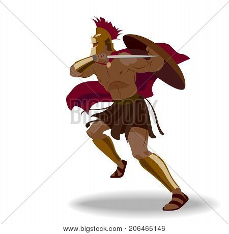 Angry spartan warrior with armor and hoplite shield holding a sword. Isolated. Vector illustration