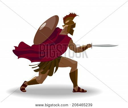Angry spartan warrior with armor and hoplite shield holding a sword. Isolated. Vector illustration