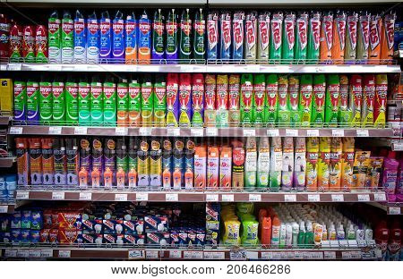 BANGKOK THAILAND - AUGUST 12: Foodland Supermarket displays a variety of anti pest products on its shelves on August 12 2017 in Bangkok.
