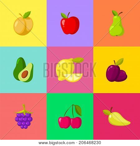 Fruit cartoon icons set. Apple plum lemon cherry pear avocado. Vector illustration