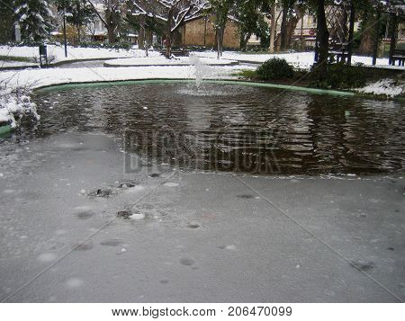 Frozen lake at Edessa city Greece Europe