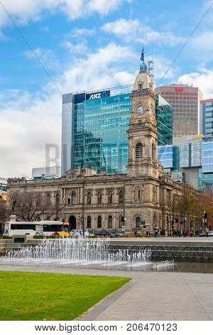 Adelaide Australia - June 28 2017: Victoria Square viewed from South to North with office buildings and traffic at morning time