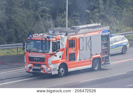 Frankfurt Germany - Sep 19 2017: MAN TGM 15.290 fire truck from the Frankfurt Main fire department during a fire-fighting operation