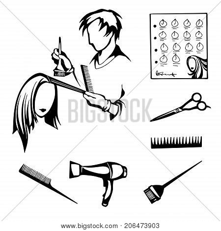 vector black and white set of tools for hairdressers cutting and styling hair, coloring hair in a beauty salon