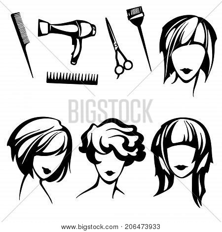 vector set of stylized logo with women's hairstyles and hairdressers tools, a collection of stylish, fashionable hairstyles for short hair for beauty