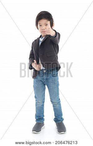 Cute Asian Child In Business Suit Index Finger Pointing On White Background Iolated