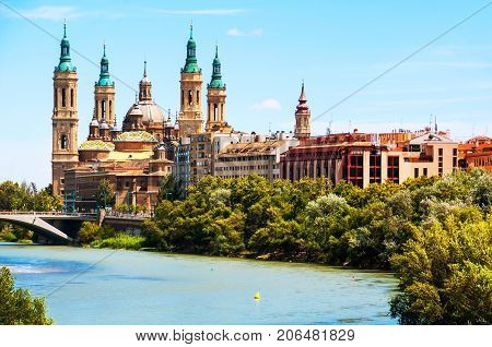 Saragossa, Spain. Aerial view of Saragossa, Spain with Basilica of Our Lady of the Pillar and the Ebro River. The capital of Aragon famous for its Mudejar architecture landmarks