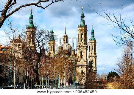 Saragossa, Spain. Basilica of Our Lady of Pillar with blue sky as background, Saragossa, Spain, Europe
