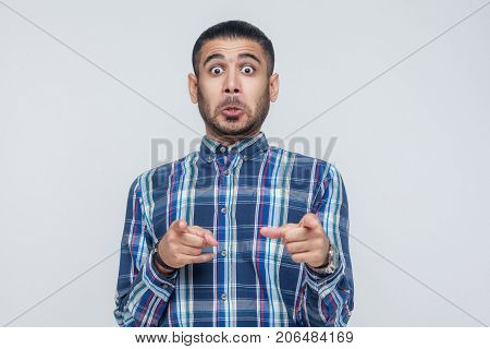 The Seriosly Man, Wearing Blue Shirt, Opening Mouths Widely, Having Surprised Shocked Looks, Pointin