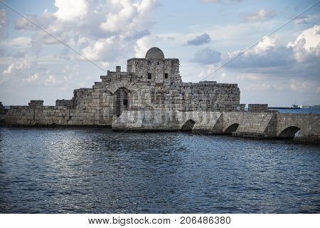 Crusaders Sea Castle detail at the seacoast of Sidon Saida in South Lebanon Middle east