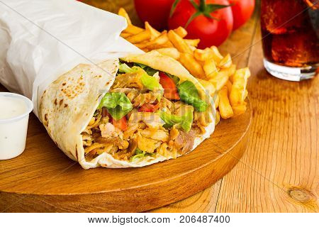 Kebab sandwitch on dark background fast food restaurant