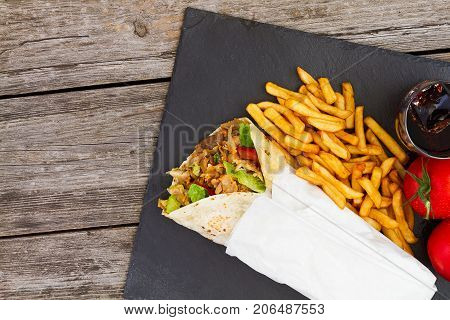 Kebab sandwitch on dark background fast food restaurant