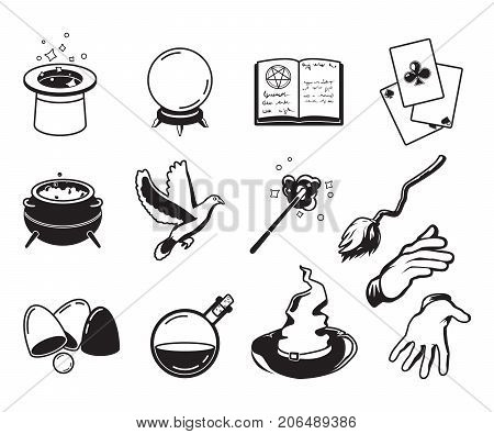 Different symbols of magicians, alchemists and wizards. Vector monochrome silhouettes isolate on white. Illustration of magician trick and performance symbol