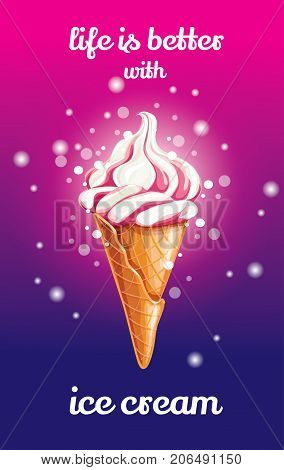 Vector sweet fresh frozen ice cream in waffle cone with red pink strawberry or cherry soft cream or syrup isolated over purple background. Vector illustration for web design or print