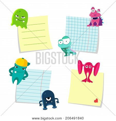 Vector small notes with shadows set kept by cute monsters isolated on white background. Illustration of monsters with notes paper