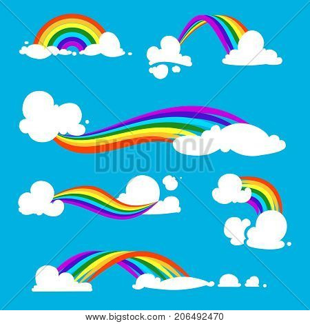 Rainbow and clouds in flat style. Vector illustrations. Set of rainbow with cloud in blue sky