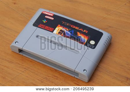 Almere, The Netherlands - September 29, 2017: Super Nintendo Entertainment System (SNES) game cartridge of Top Gear.