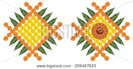 Stock illustration of flower rangoli for Diwali or pongal or onam made using marigold or zendu flowers and red rose petals over white background with diwali diya in the middle,