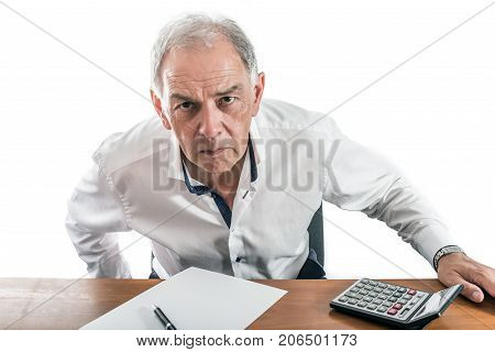 Man as an official, representative or reseller sitting at a desk