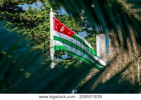 the flag of Abkhazia among the branches of the palm trees