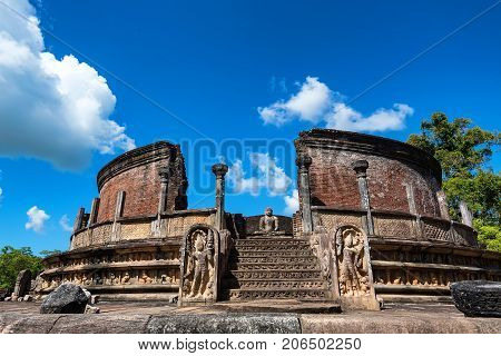 Vatadage or circular relic house in Polonnaruwa ruins. Unesco world heritage on Sri Lanka.