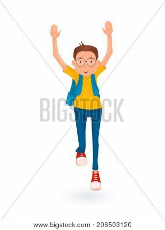 appy boy running with backpack. Back to school. Vector illustration in cartoon style.