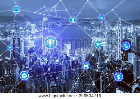 Smart city and wireless communication network business district with office building abstract image visual internet of things concept