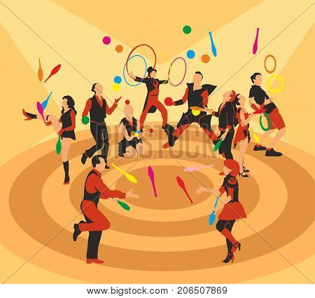 Jugglers with many clubs, balls, hoops and rings silhouettes.