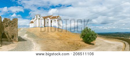 Panoramic view of Arraiolos castle and Arraiolos church in Portugal.