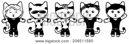 Five different vector black and white dressed kittens.