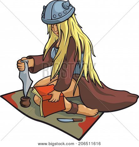 Nice vector blonde girl viking healer in funny helmet.