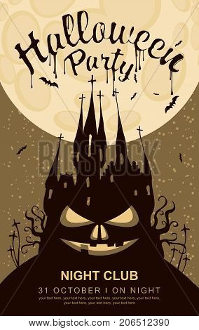 Vector banner for Halloween party with horrid face and an old Gothic castle in the cemetery on the background of the full moon