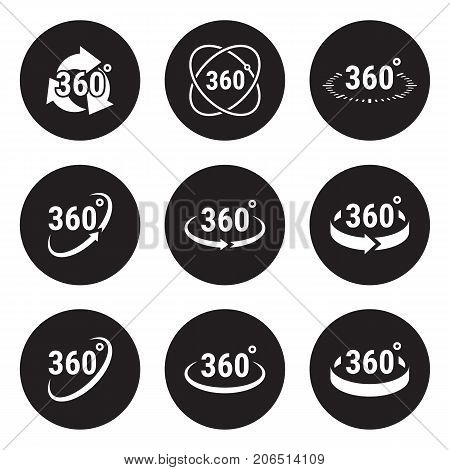 Angle 360 degrees sign icons. White on a black background