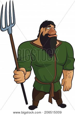 Vector strong medieval farmer with fork and thick black beard.