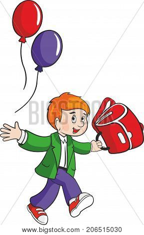 Vector schoolboy with balloons and red backpack.