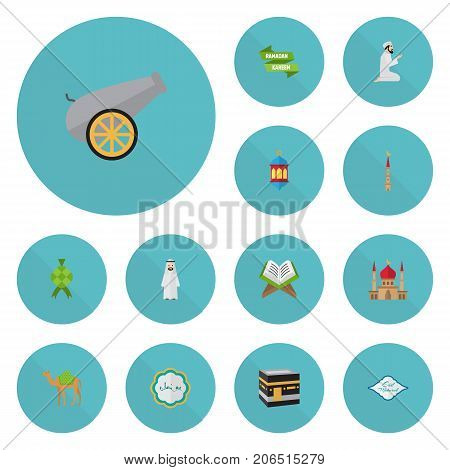 Flat Icons Mosque, Minaret, Holy Book And Other Vector Elements